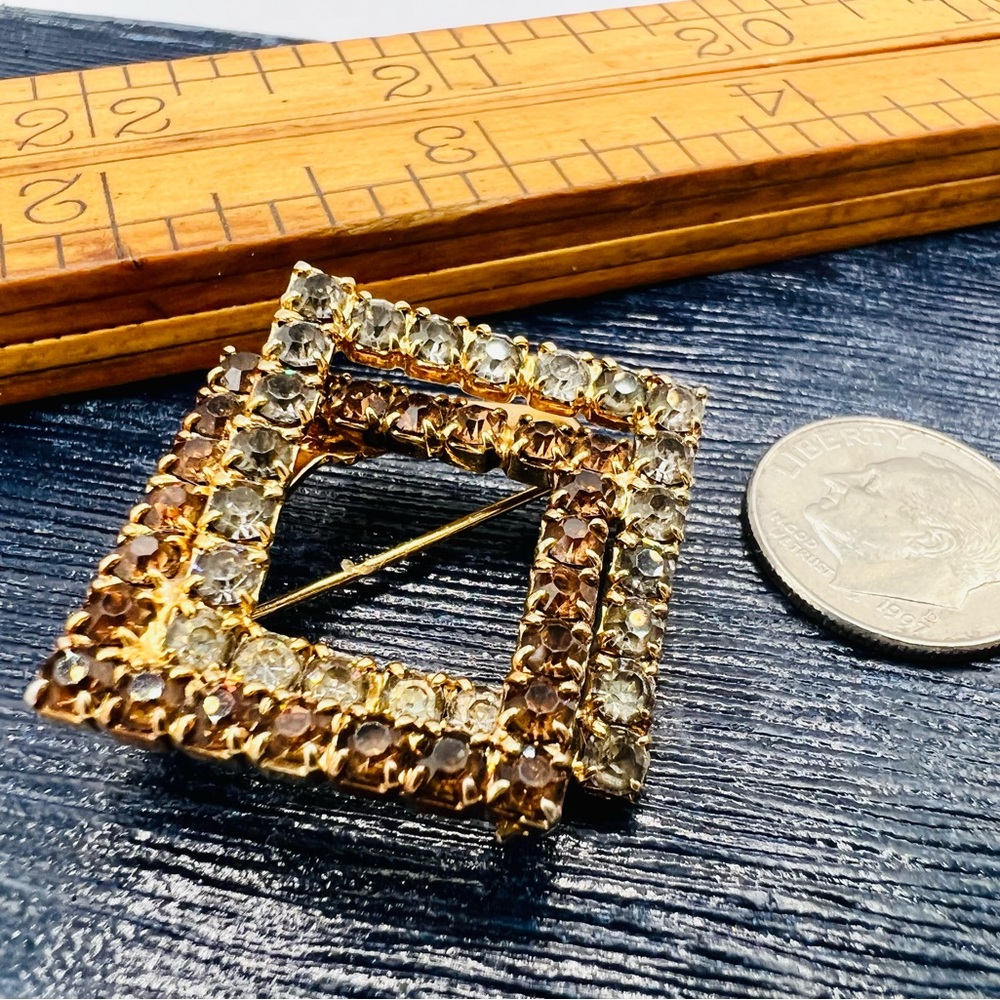 Vintage gold geometric squares brown & gray rhinestones brooch pin